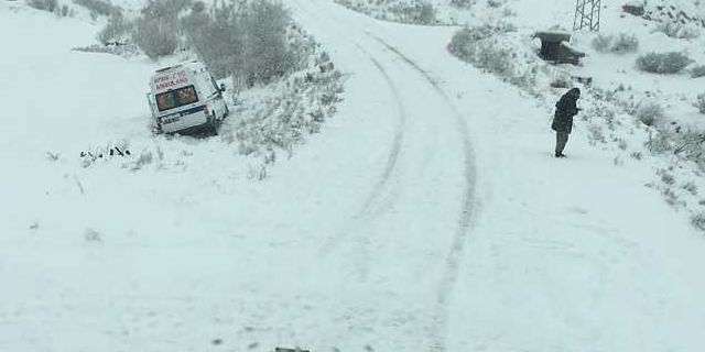 Karlı Yolda Kontrolden Çıkan Ambulans Tarlaya Düştü